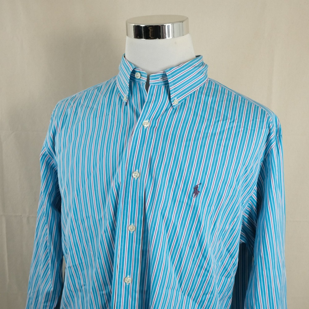 Polo Ralph Lauren XL Vitnage Button Down Shirt Blue Striped 100% Cotton Mens